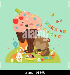Geburtstag-Hintergrund mit glücklichen Tieren Stock Vektor