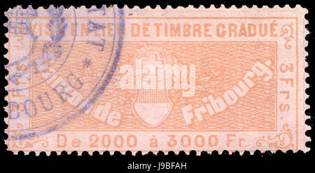 Schweiz-Fribourg-1870 Visum Einnahmen 3Fr 7 Stockfoto