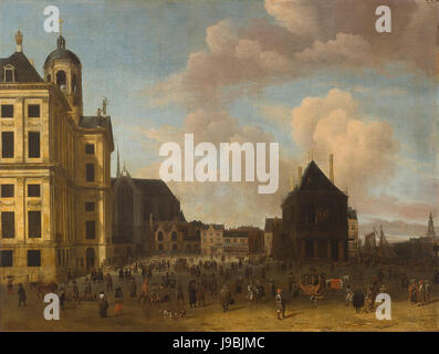 SA 1755 De Dam De Dam Naar Het Noorden Gezien met Het Stadhuis, de Nieuwe Kerk, de Waag En de Zeevismarkt Stockfoto