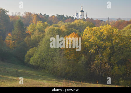 Fallen Sie Blick auf Geburt der Jungfrau St. Paphnutius Borovsk Kloster vom Hügel, Region Kaluga, Russland. Stockfoto