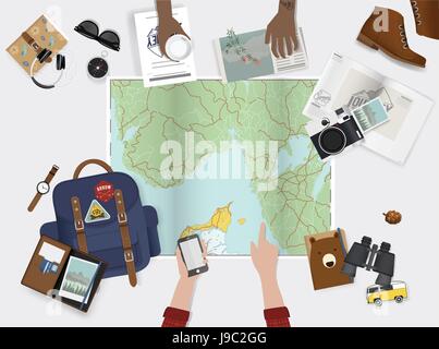 Hand auf Karte Planung für Reise mit Travel Sachen Illustration Vektor Stock Vektor