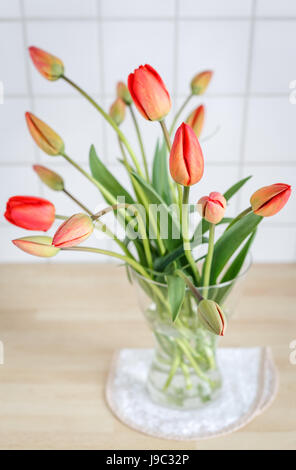 Fluss, Frühling, Tulpen, Keramikfliesen, Blumenstrauß, Stillleben, rot, Vase, einige, Stockfoto