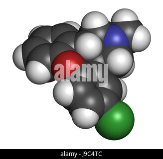 Asenapin antipsychotischen Medikamentenmolekül. 3D-Rendering. Atome sind als Kugeln mit konventionellen Farbcodierung vertreten: Wasserstoff (weiß), Kohlenstoff (grau), Stockfoto