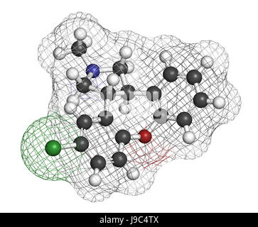 Asenapin antipsychotischen Medikamentenmolekül. 3D-Rendering. Atome sind als Kugeln mit konventionellen Farbcodierung vertreten: Wasserstoff (weiß), Kohlenstoff (grau), Stockfoto