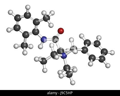 Denatonium Hopfenmenge Agent-Molekül. 3D-Rendering. Atome sind als Kugeln mit konventionellen Farbcodierung vertreten: Wasserstoff (weiß), Kohlenstoff (grau), o Stockfoto