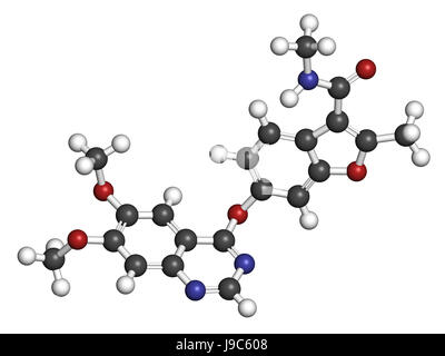 Fruquintinib Krebs Wirkstoffmolekül. 3D-Rendering. Atome sind als Kugeln mit konventionellen Farbcodierung vertreten: Wasserstoff (weiß), Kohlenstoff (grau), Nit Stockfoto