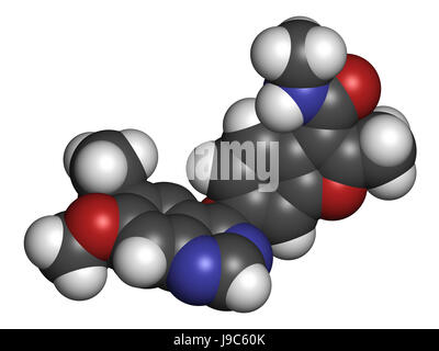 Fruquintinib Krebs Wirkstoffmolekül. 3D-Rendering. Atome sind als Kugeln mit konventionellen Farbcodierung vertreten: Wasserstoff (weiß), Kohlenstoff (grau), Nit Stockfoto