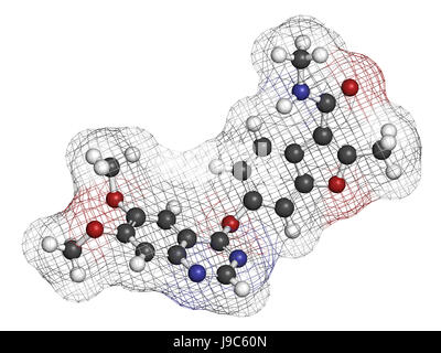 Fruquintinib Krebs Wirkstoffmolekül. 3D-Rendering. Atome sind als Kugeln mit konventionellen Farbcodierung vertreten: Wasserstoff (weiß), Kohlenstoff (grau), Nit Stockfoto