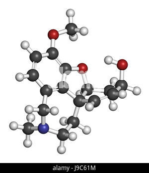 Galantamin Alkaloid Molekül. Im kaukasischen Schneeglöckchen, verwendet in der Behandlung der Alzheimer-Krankheit gefunden. 3D-Rendering. Atome werden als Kugeln w dargestellt. Stockfoto