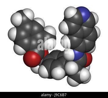 Netarsudil Wirkstoffmolekül. Verwendet in der Behandlung von okulärer Hypertension und Glaukom. 3D-Rendering. Atome sind als Kugeln mit konventionellen Colo vertreten. Stockfoto