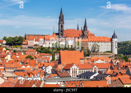 Meissener Dom Albrechtsburg Schloss Meißen Altstadt Sachsen, Allgemeine Stadtansicht Meißen Deutschland, Europa Denkmalbau Stockfoto