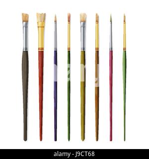 Realistische Künstler Pinsel Set. Farben-Pinsel-Set Isolated On White Background. Vektor-Kollektion für Künstler-Design. Aquarell, Acryl oder Öl Bürsten mit leichten Holzgriff Stock Vektor