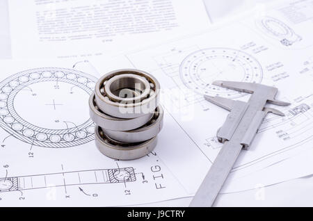 Technische Zeichnungen mit den Kugellagern Stockfoto