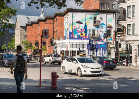Montreal, Kanada - 31. Mai 2017: Graffiti Street Art Wandbilder entlang der Avenue des Pins Stockfoto