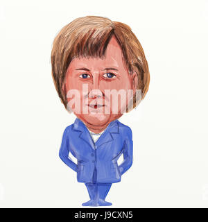 Karikatur-Illustration von Angela Dorothea Merkel, deutscher Politiker und Deutschlands erste Kanzlerin stehend von vorne auf isolierte Rückseite betrachtet Stockfoto