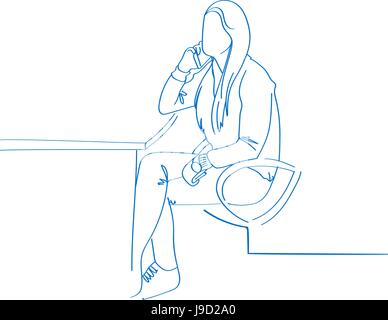 Junge hand gezeichnete Frau sprechen über das Telefon im Büro. Vector Illustration. Einsatz in Website, Corporate Bericht, Präsentation, Werbung, Marketing, Stock Vektor