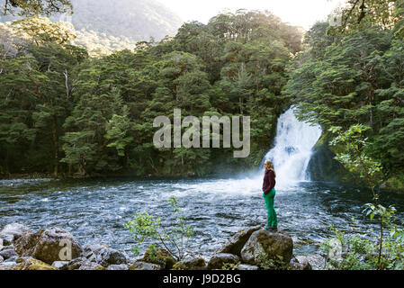 Weibliche Wanderer stehend auf Stein, Wasserfall im Wald, Iris Burn fällt, Kepler Tack, Fjordland National Park, Southland Stockfoto