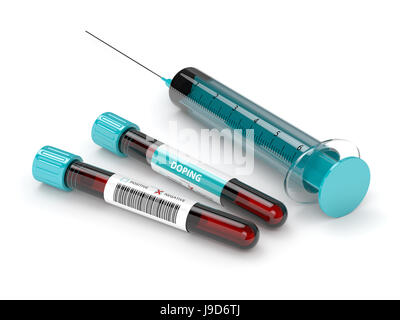 3D-Rendering des anti-doping-Bluttest Röhren Wih Spritze isoliert auf weißem Hintergrund. Stockfoto