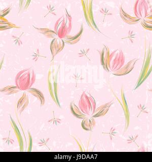 Nahtlose Muster mit floralen Ornamenten, Schwertlilien im Grunge-Stil auf weißem Hintergrund. Stock Vektor