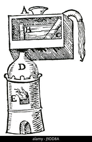 GIAMBATTISTA della PORTA (1535-1615) italienischer Universalgelehrter. Diagramm aus seinem 1608-Buch "De Distillatione" zeigt ein kleines Feuer, Dampf in einem geschlossenen Gefäß zu schaffen und Wasser heraus zu zwingen. Stockfoto