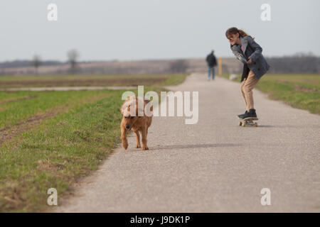 Mädchen auf Skateboard kann von einem Hund gezogen werden Stockfoto