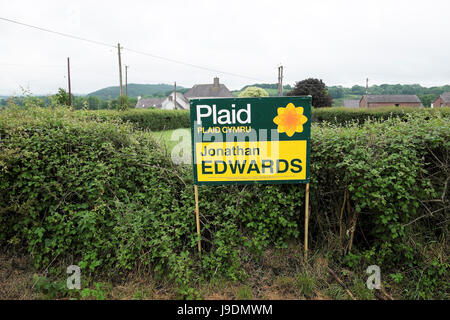 Plaid Cymru 2017 Wahlplakat für Jonathan Edwards in die walisische Landschaft Llanwrda, Carmarthenshire Wales UK KATHY DEWITT Stockfoto