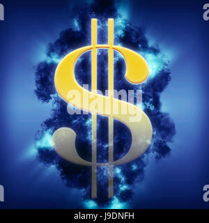 Goldene USA Währung Dollarzeichen, symbolisch in schwere dunkle Gewitter mit einigen Sonnenstrahlen Sonnenlicht durchscheinen Stockfoto