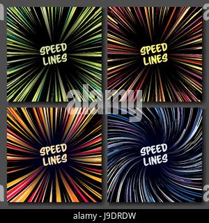 Manga-Speed Lines Vektor-Set. Layout für Comic-Bücher. Banner mit radialen farbigen Effekt-Illustration. Starburst Explosion im Manga oder Pop-Art-Stil. Stock Vektor