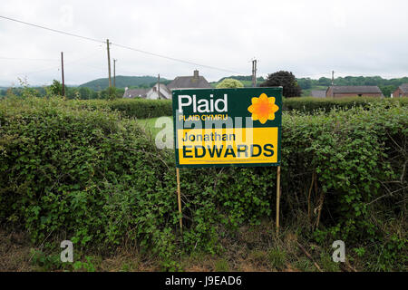 Plaid Cymru 2017 Wahlplakat für Jonathan Edwards in die walisische Landschaft Llanwrda, Carmarthenshire Wales UK KATHY DEWITT Stockfoto