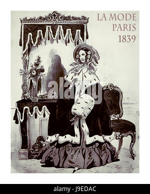 Paris 1839 Mode, junge Dame Lust gekleidet mit Umhang, Hermelin und Schalldämpfer bereit, rausgehen, Vintage illustration Stockfoto