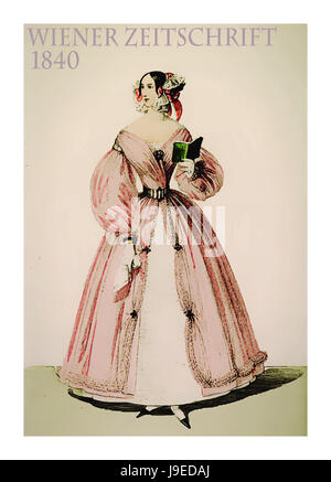 Vienna 1840 Mode, schicke junge Dame gekleidet in Pink mit Frisur, Schnürsenkel, Blumenschmuck und ein kleines Buch in der hand, Vintage illustration Stockfoto