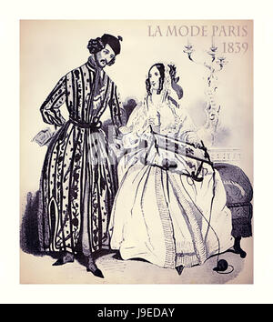 Paris 1839 Mode, paar junge Dame und Herrn schick gekleidet mit Gewand und Wrap Kleid gemütlich zu Hause,, Vintage illustration Stockfoto