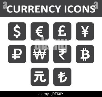 Währung Icons Set. Weiß auf schwarz. Stock Vektor