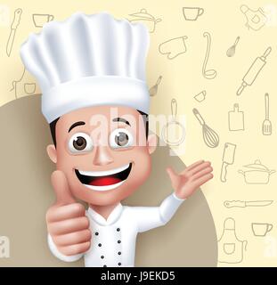 Junge freundliche Professional Chef Cook Zeichen im Restaurant Uniform glücklich Essen in der Küche Muster Hintergrund dienen. Vektor-Illustration Stock Vektor