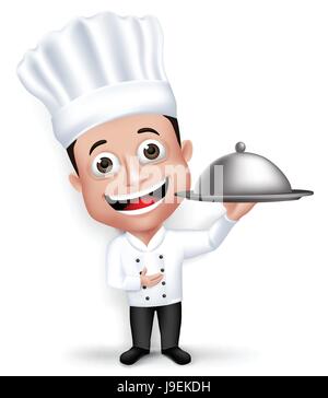 Junge freundliche Professional Chef Cook Zeichen im Restaurant Uniform glücklich servieren Speisen in weißen Hintergrund isoliert. Vektor-Illustration Stock Vektor