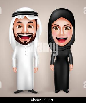 Muslimischen arabischen Mann und Frau Vektor Charakter tragen arabische Abaya und Thawb Tracht mit freundlichen Lächeln. Vektor-Illustration. Stock Vektor