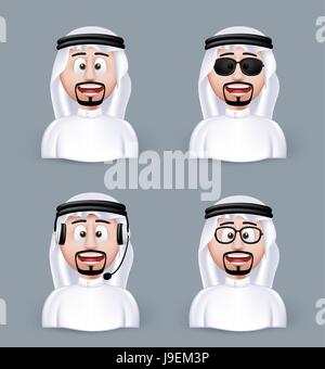 Vektor eingestellt von arabischen Mann in verschiedenen Professional und Business Mann Zeichen und Avatare in traditioneller Kleidung oder isolierte Thobe in weißer Hintergrund. Stock Vektor