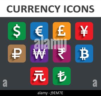 Währung Icons Set mit Schatten. Vektor-Illustration. Stock Vektor