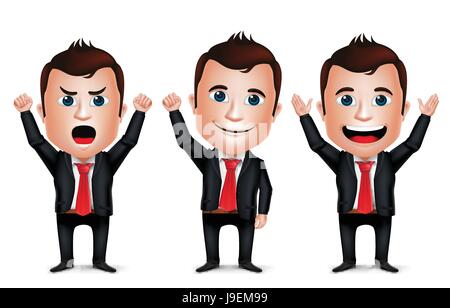 Vektor Geschäftsmann Cartoon-Figur mit verschiedenen Pose und Sensibilisierung Hands Up in schwarzer Anzug in isolierten weißen Hintergrund. Stock Vektor