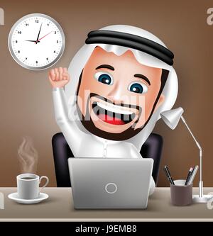 Vektor Saudi Arabische Mann Charakter arbeiten an Business Bürotisch Schreibtisch mit Laptop, die Hand heben. Vektor-Illustration Stock Vektor