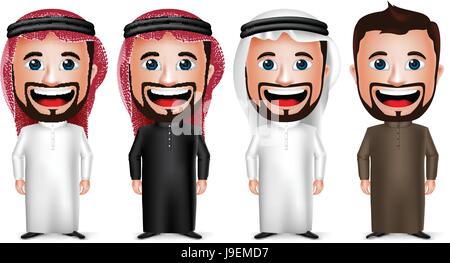 Vektor Saudi Arabische Mann-Cartoon-Figur tragen verschiedene Trachten Thobe und Gutra in weißen Hintergrund isoliert. Vektor-Illustration. Stock Vektor