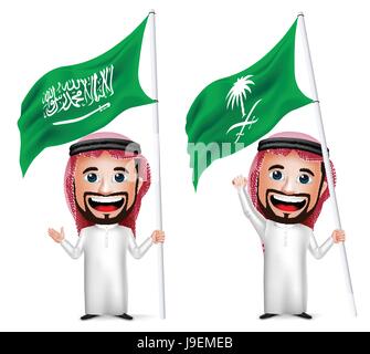 Vektor Saudi Arabische Mann Cartoon-Figur halten und winken Saudi-Arabien-Flagge für Nationalfeiertag isoliert in weiß. Vektor-Illustration. Stock Vektor