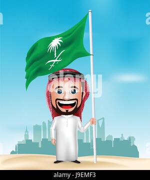 Vektor Saudi Arabische Mann Cartoon-Figur halten und wehende Flagge mit Saudi Arabien Gebäuden im Hintergrund. Vektor-Illustration. Stock Vektor