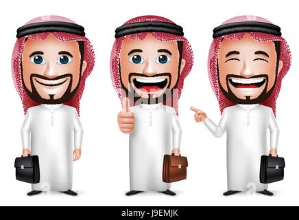 Vektor-Saudi Arabische Mann-Cartoon-Figur mit verschiedenen Stellen Aktentasche tragen Thobe in weißen Hintergrund isoliert halten. Satz von Vektor-Illustration Stock Vektor