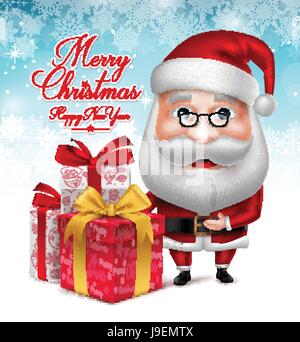 Vektor Weihnachtsmann-Cartoon-Figur mit Sammlungen von Weihnachtsgeschenken in Schnee Hintergrund. Vektor-Illustration Stock Vektor