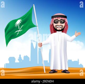 Hübscher Saudi Arabische Mann in traditioneller Kleidung mit Schattierungen Stand mit nationalen Flagge von Saudi-Arabien mit berühmten Gebäuden auf der Rückseite Wüste. Stock Vektor