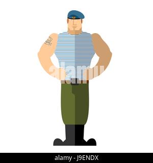 Russische Soldaten. Mann des Militärs in T-shirt und blaue Barett. Ein starker Mann steht. Vektor-Illustration. Luftlandetruppen. Vektor-illustration Stock Vektor