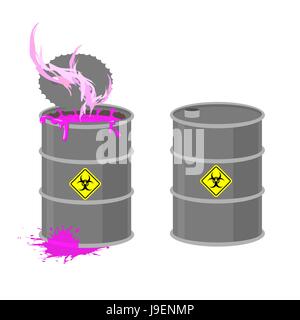 Fass mit Biohazard. Fass mit rosa radioaktive Flüssigkeit grau. Chemische Abfälle aus der Produktion. Vektor-Illustration Container öffnen. Stock Vektor