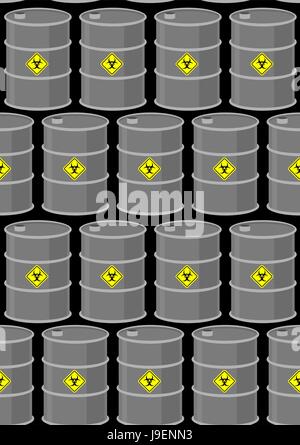 Fass mit Biohazard Musterdesign. Graue Metallfässer auf einem schwarzen Hintergrund. Vektor Hintergrund Giftmülldeponie. Stock Vektor