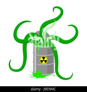 Lauf von Giftmüll und grüne Tentakel. Vektor-Illustration von Biohazard Container. Graue radioaktiven Fass Stock Vektor